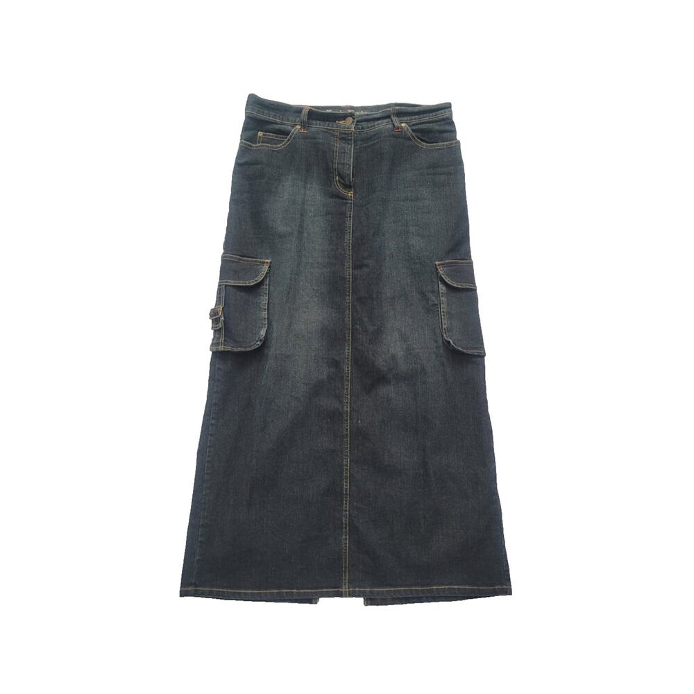 Vintage Y2k Denim Cargo Maxi Skirt Size 12 Dark Wash Utility Grunge Steampunk